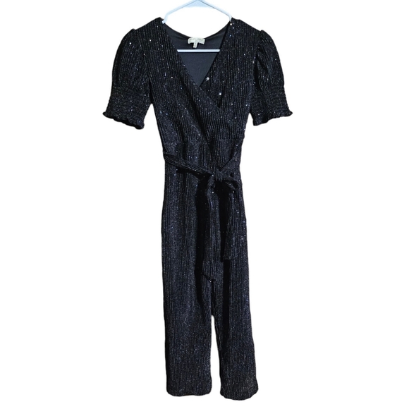 Chelsea & Violet Girls Short sleeve Sequin Belted Jumpsuit Black Size M - Picture 1 of 11